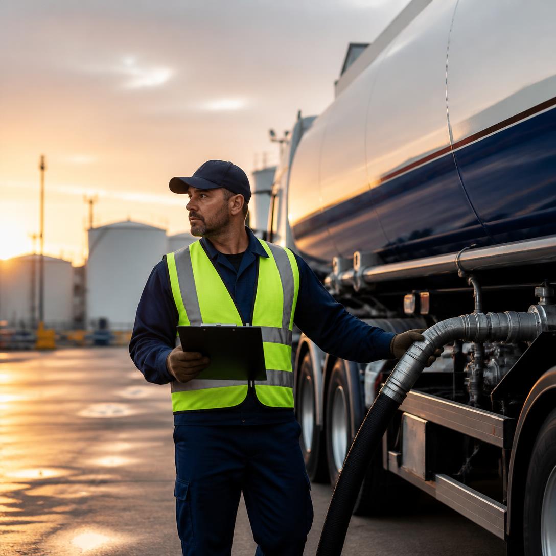 Everbridge driver performing a pre-journey safety inspection on a petroleum tanker at dawn