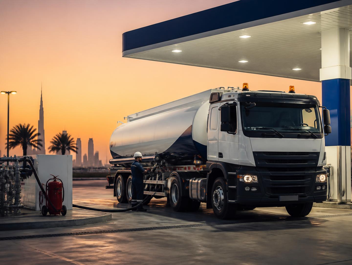 Everbridge tanker delivering fuel at a commercial fuel station at dusk