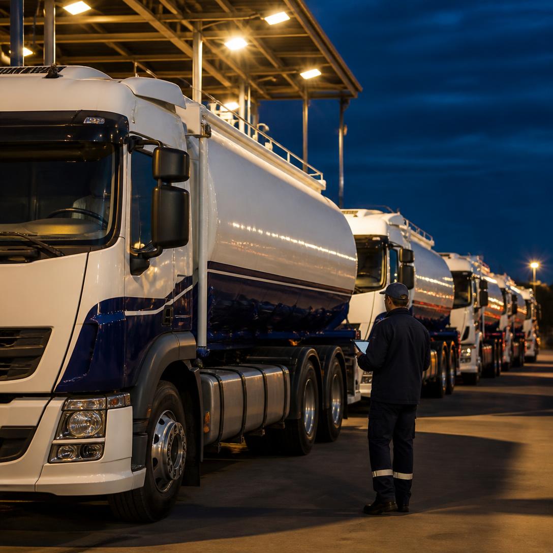 Everbridge tanker fleet at the depot at dusk under supervision