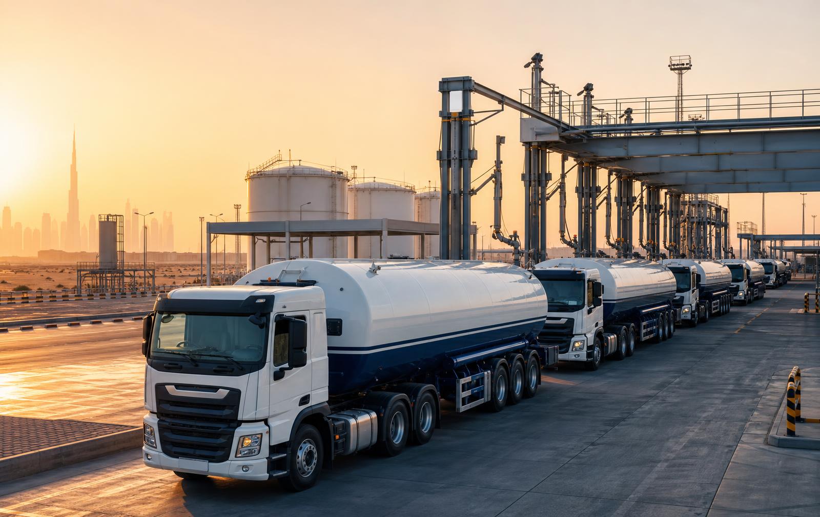 Everbridge road tanker fleet lined up at a petroleum loading terminal at dawn